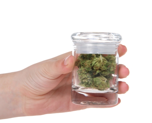 Hand holding a small glass jar of cannabis flower
