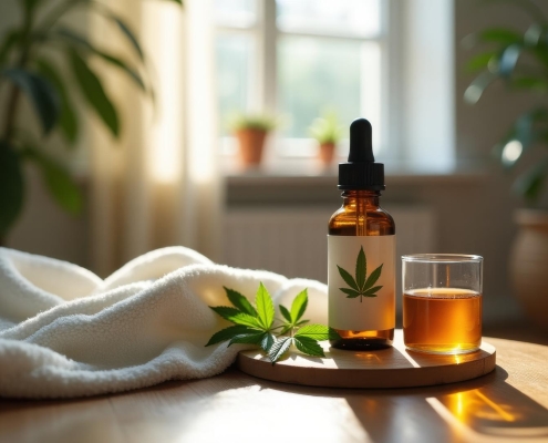 Amber oil bottle and a glass of tea on a wooden tray in a sunlit room