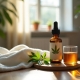 Amber oil bottle and a glass of tea on a wooden tray in a sunlit room
