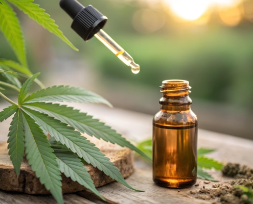 Dropper above a small amber bottle of cannabis oil beside a hemp leaf