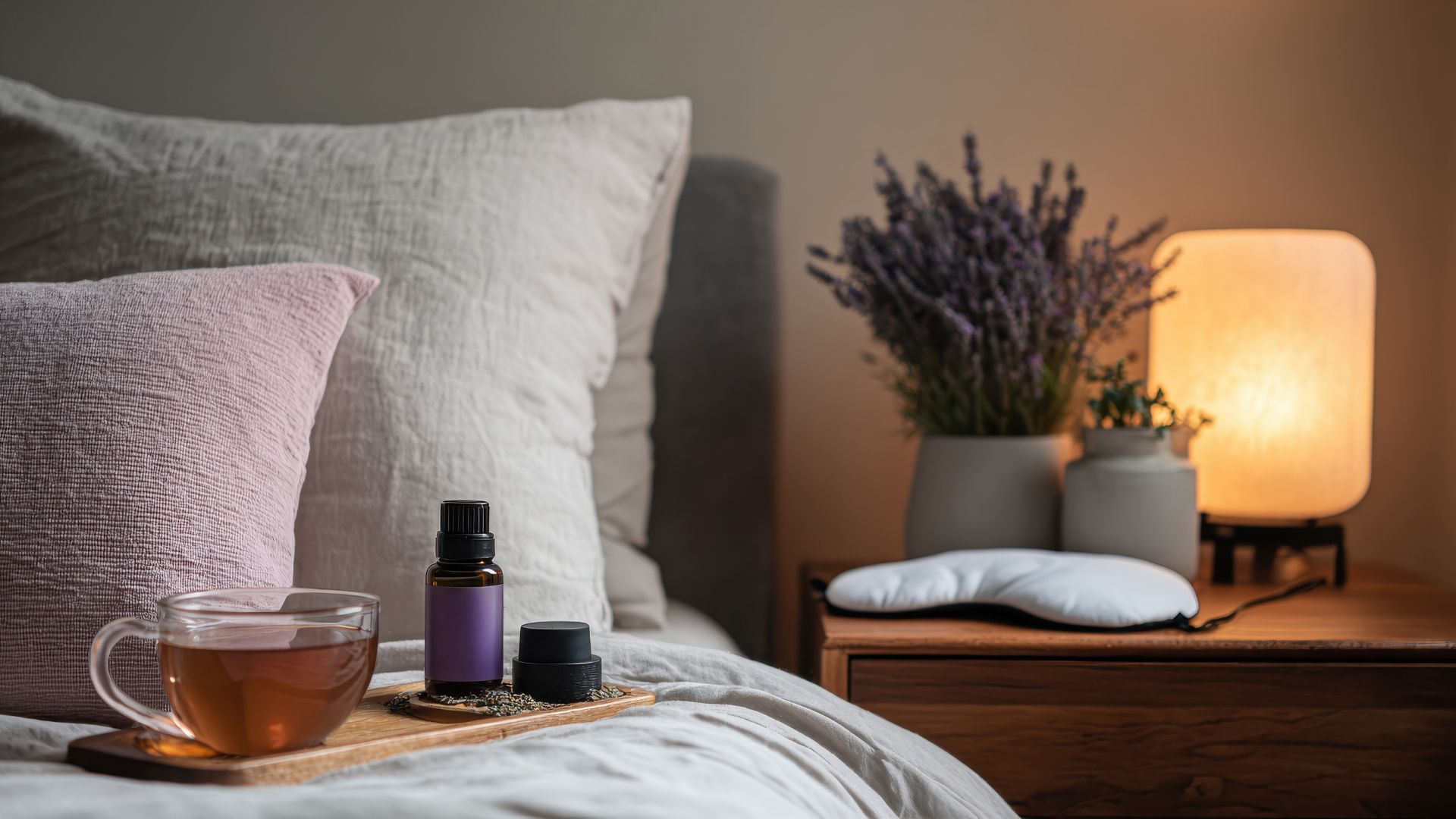 Cozy bedroom scene with tea and essentials, suggesting relaxation with delta 8 flower.