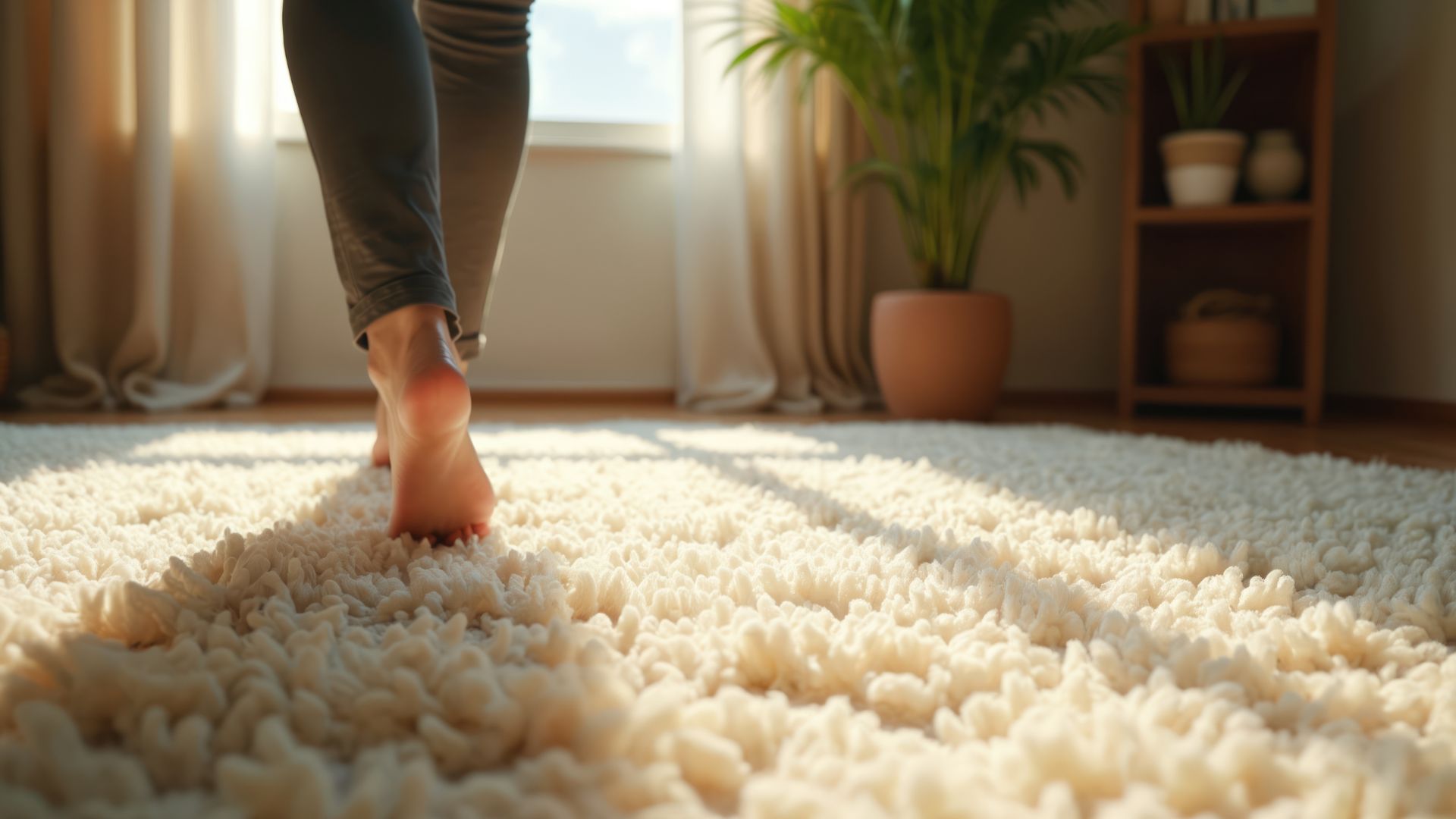 Bare feet on soft carpet in a calm room, suggesting comfort from delta-8 products.