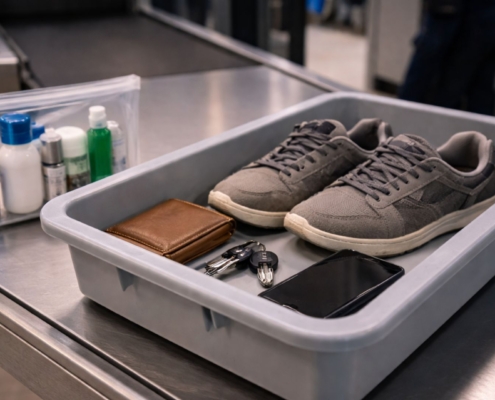 Shoes, wallet, keys, phone and a clear bag of toiletries in a security screening bin