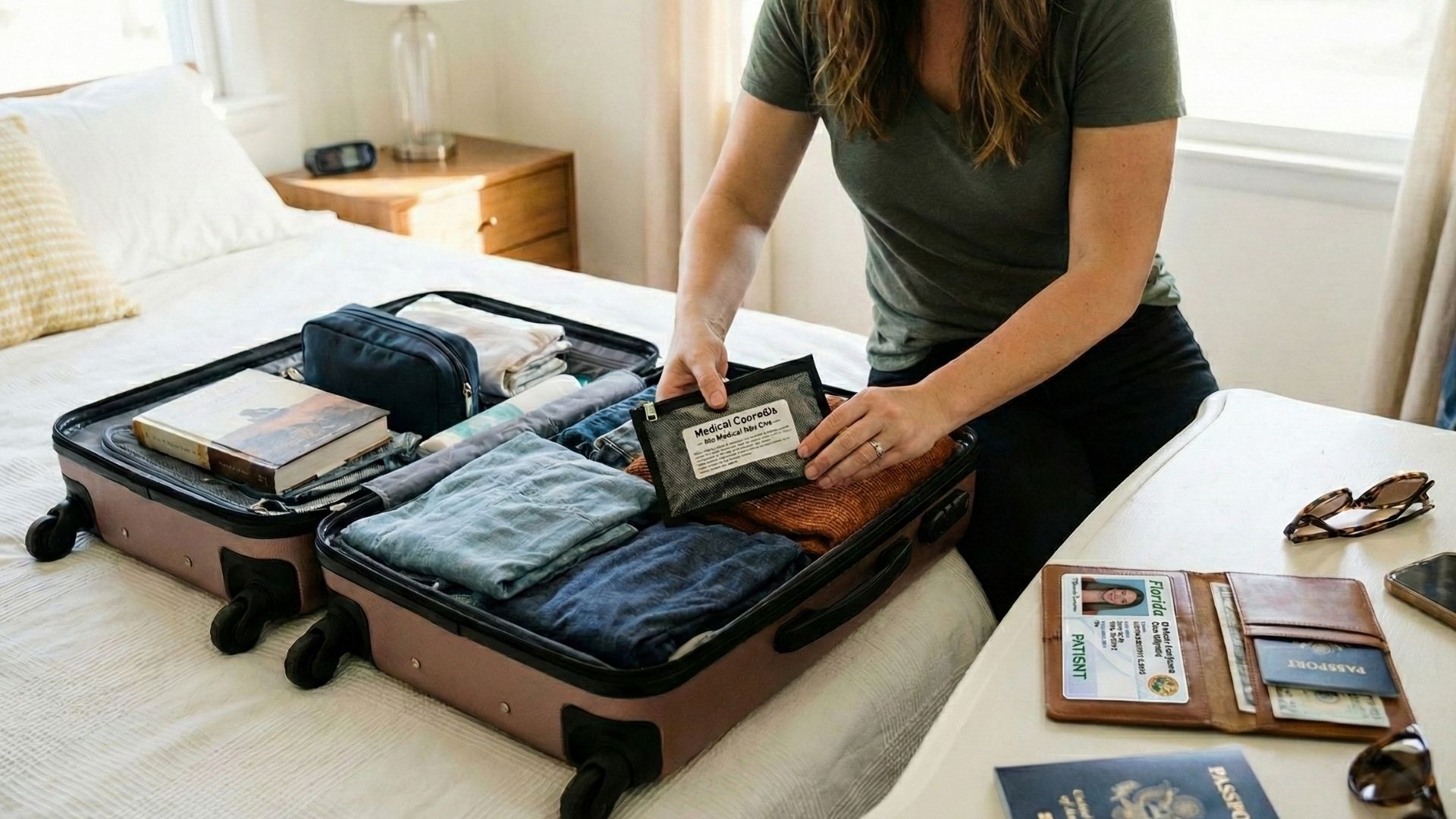 Medical marijuana edibles packed in a travel suitcase