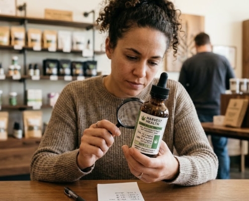 Woman using a magnifying glass to read the label on a tincture bottle at a dispensary counter
