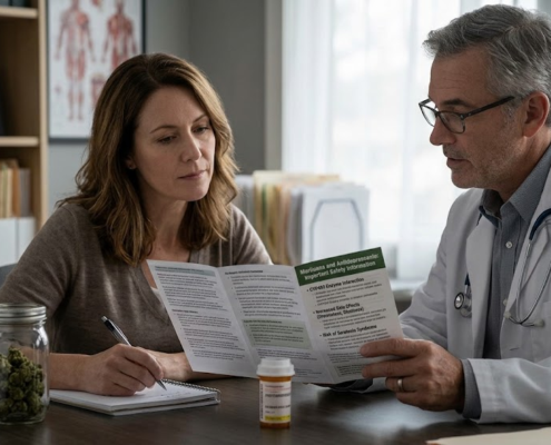 Woman taking notes as a clinician in a white coat reviews a printed leaflet on marijuana and antidepressants with her